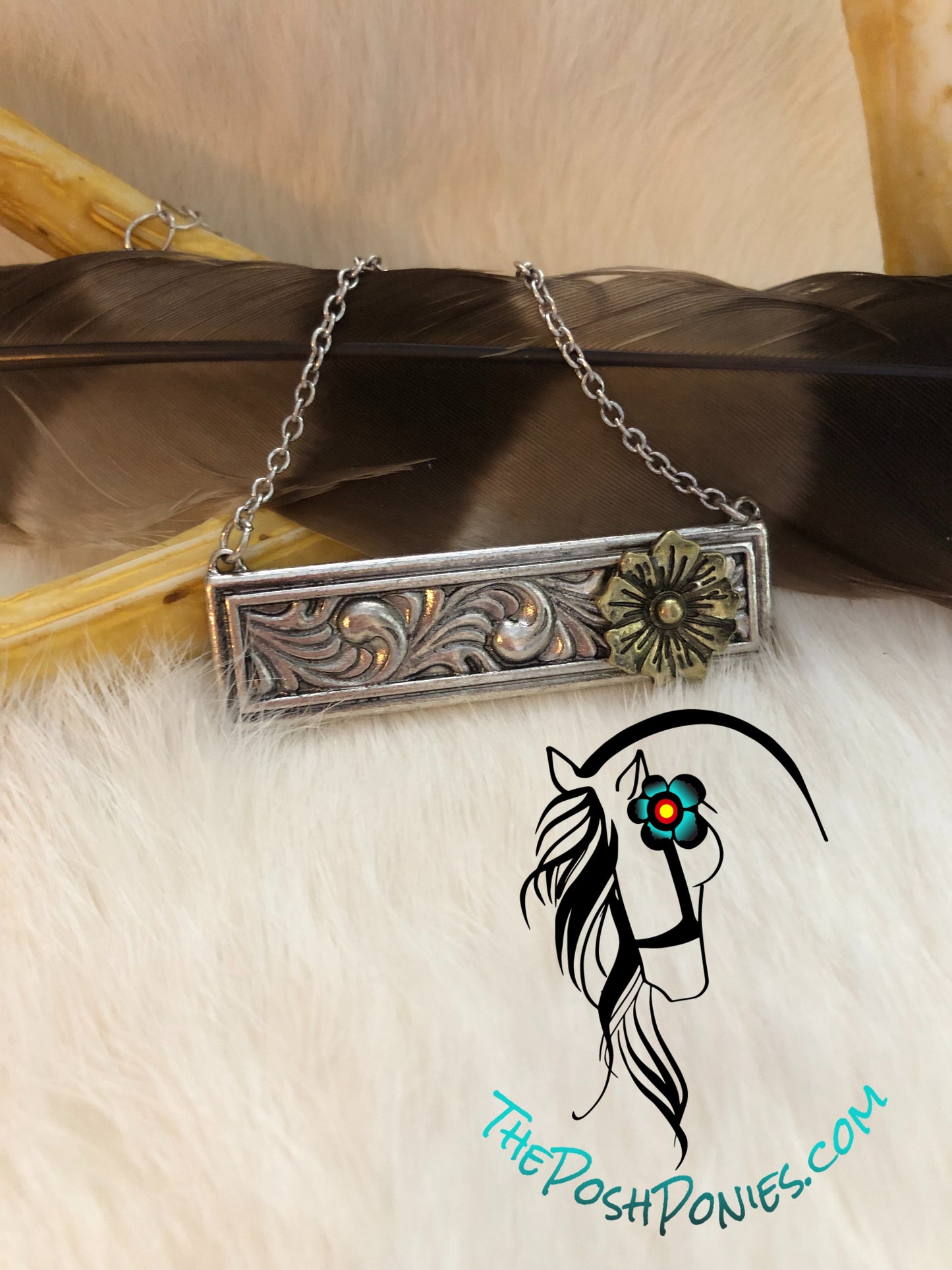 Super Cute Floral Bar necklace with Brass Flower accent
