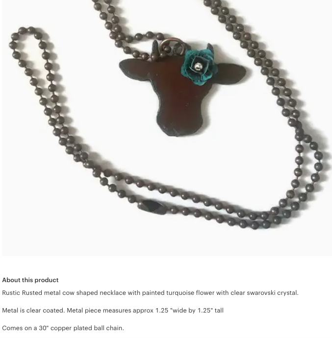 Handcrafted Rustic Flower Cow Cutout Necklace 30" chain