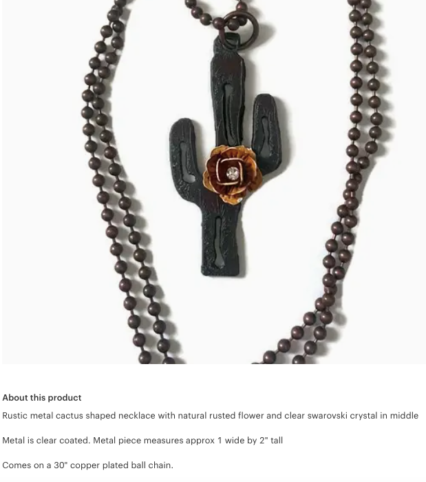 Handcrafted Rustic Flower Cactus Cutout Necklace with 30" chain