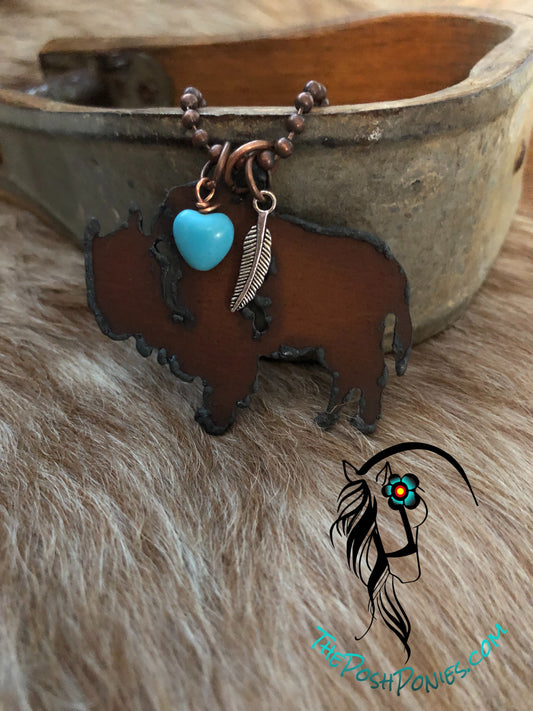 Handcrafted Rustic Buffalo Necklace with 30" Beaded Chain