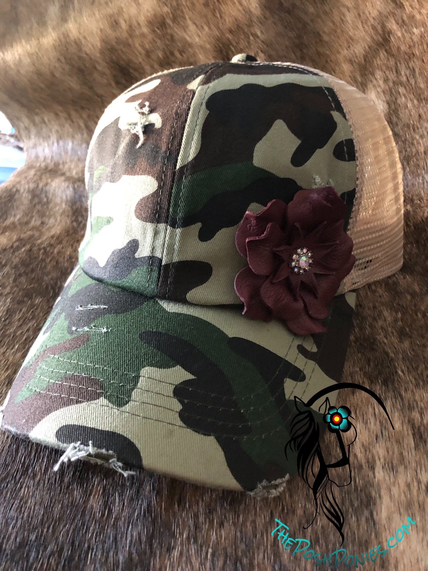 Camo Pony Tail Baseball Cap with Handmade Dark Burgundy Leather Flower