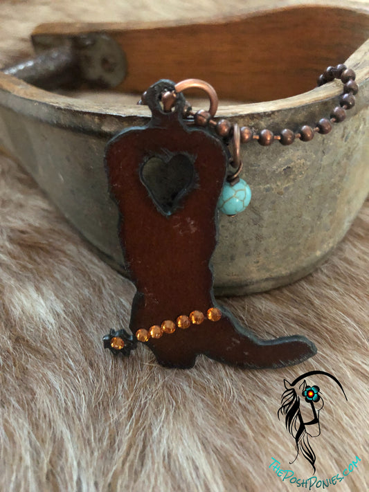 Handcrafted Rustic Cowgirl Boot Heart Cut Out Necklace with 30" chain