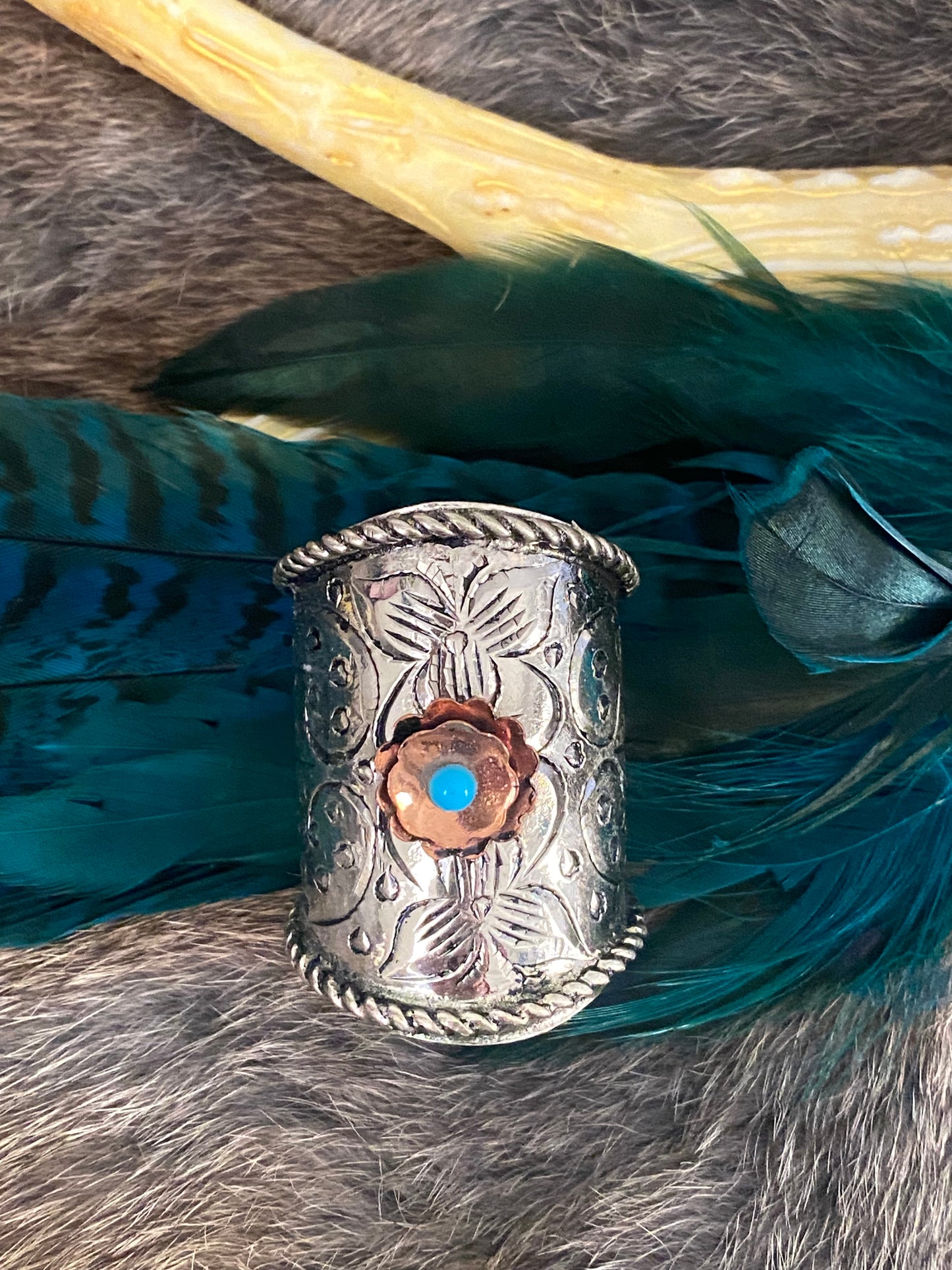 Handmade Cylinder Wild Rag Slide with Copper Flower and Turquoise