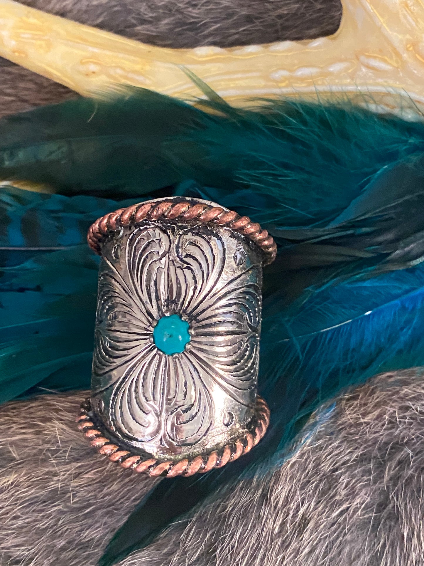 Handmade Floral Engraved Wild Rag Cylinder Slide with Turquoise and Copper Rope Edge