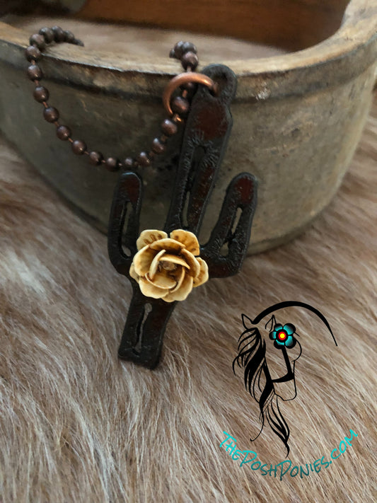 Handcrafted Rustic Flower Cactus Cutout Necklace with 30" chain