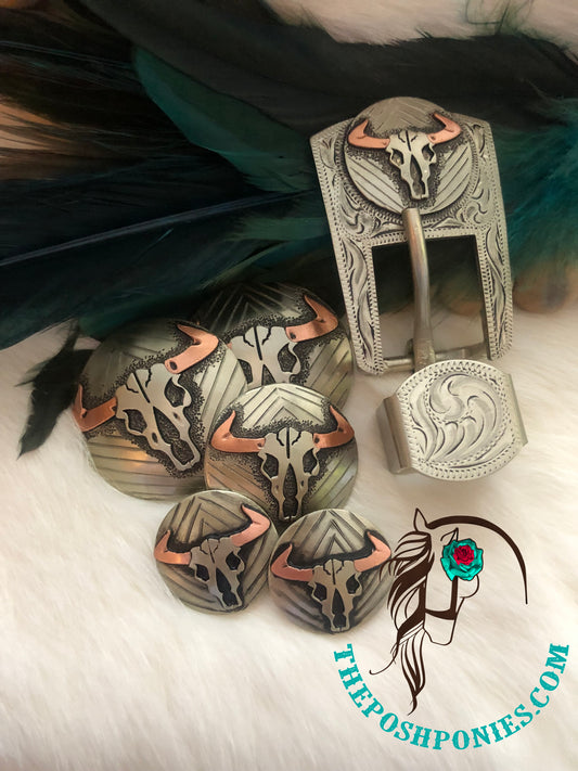 Handmade Longhorn Skull Collection-Chicago Backs 1", 1.25", 1.5", 3/4" Tack Buckles-each sold separate
