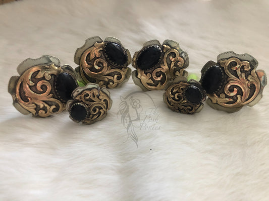 Handmade Black Onyx Filagree Saddle Concho Set