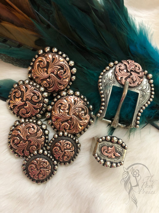 Handmade Copper Filagree Scroll Chicago Back Collection Concho and Tack Buckle/Keeper-pieces sold individually