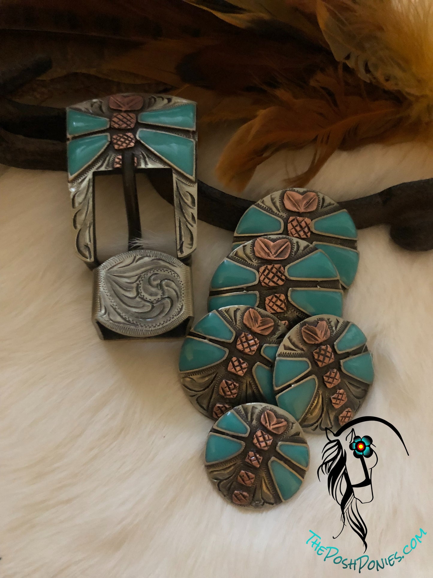 Handmade Turquoise Dragonfly Collection-Chicago Back Conchos-3/4" Buckle/Keeper-each sold separately-shown as collection