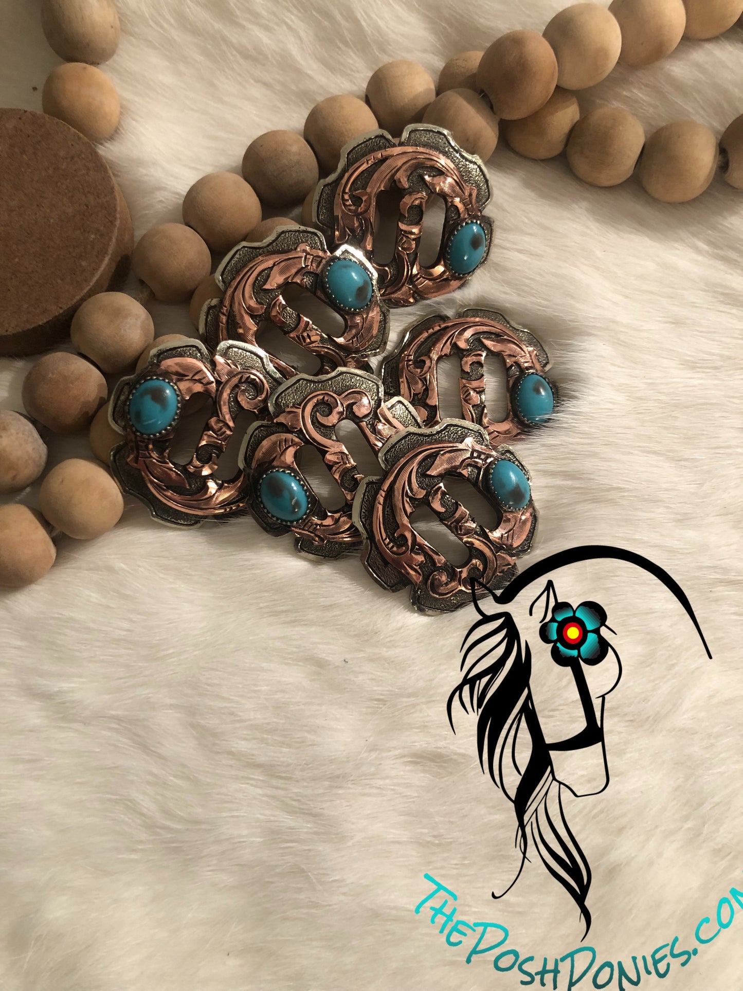 Handmade Slotted Copper Filagree Scroll with Turquoise Stone Collection-Each concho sold separately