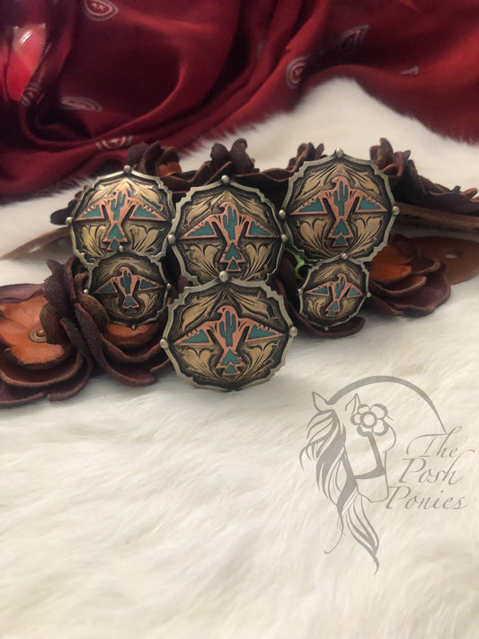 Handmade Turquoise ThunderBird Saddle Concho Set