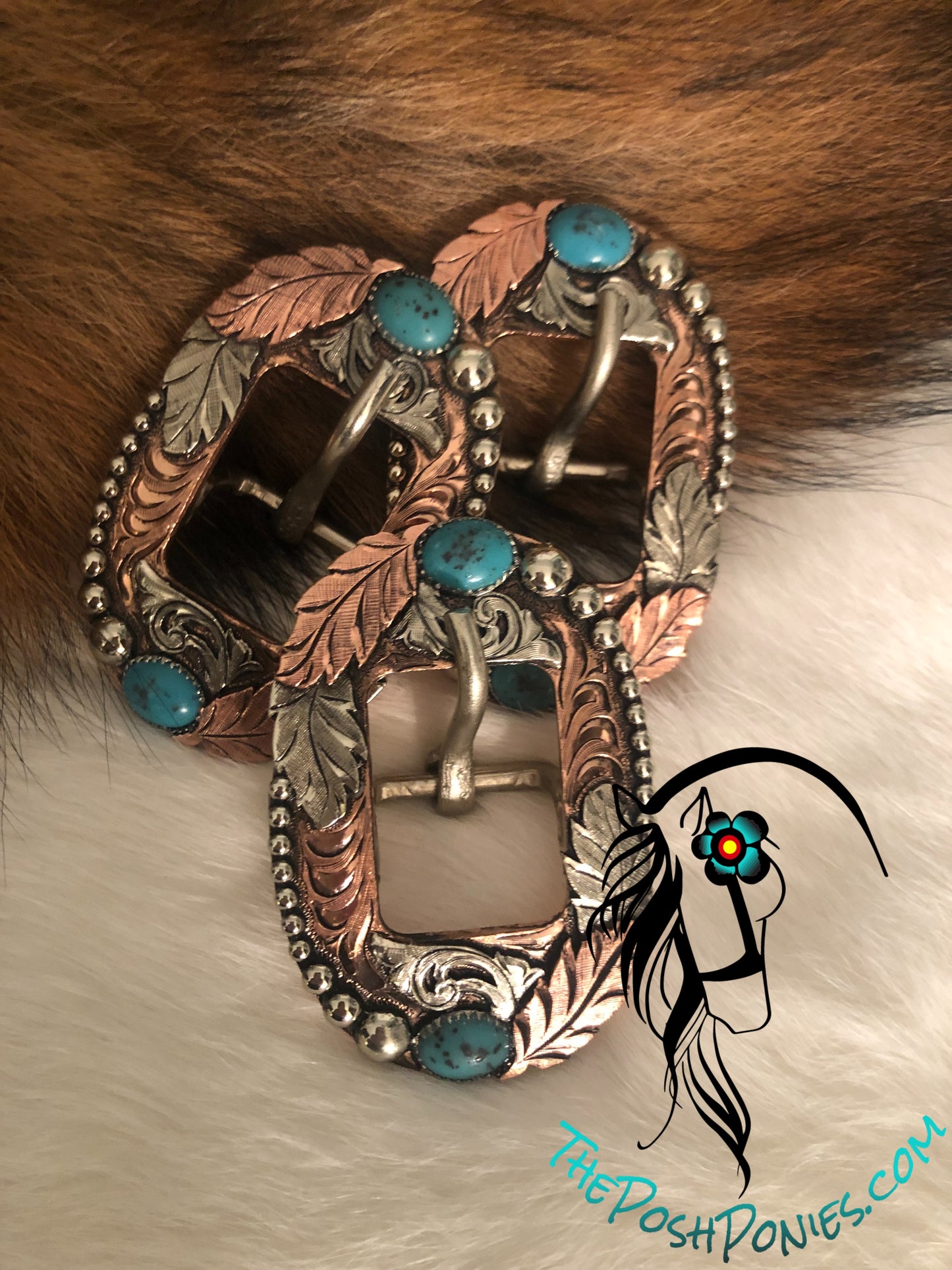 Handmade Turquoise Feather Swirl Cart Buckle 3/4"