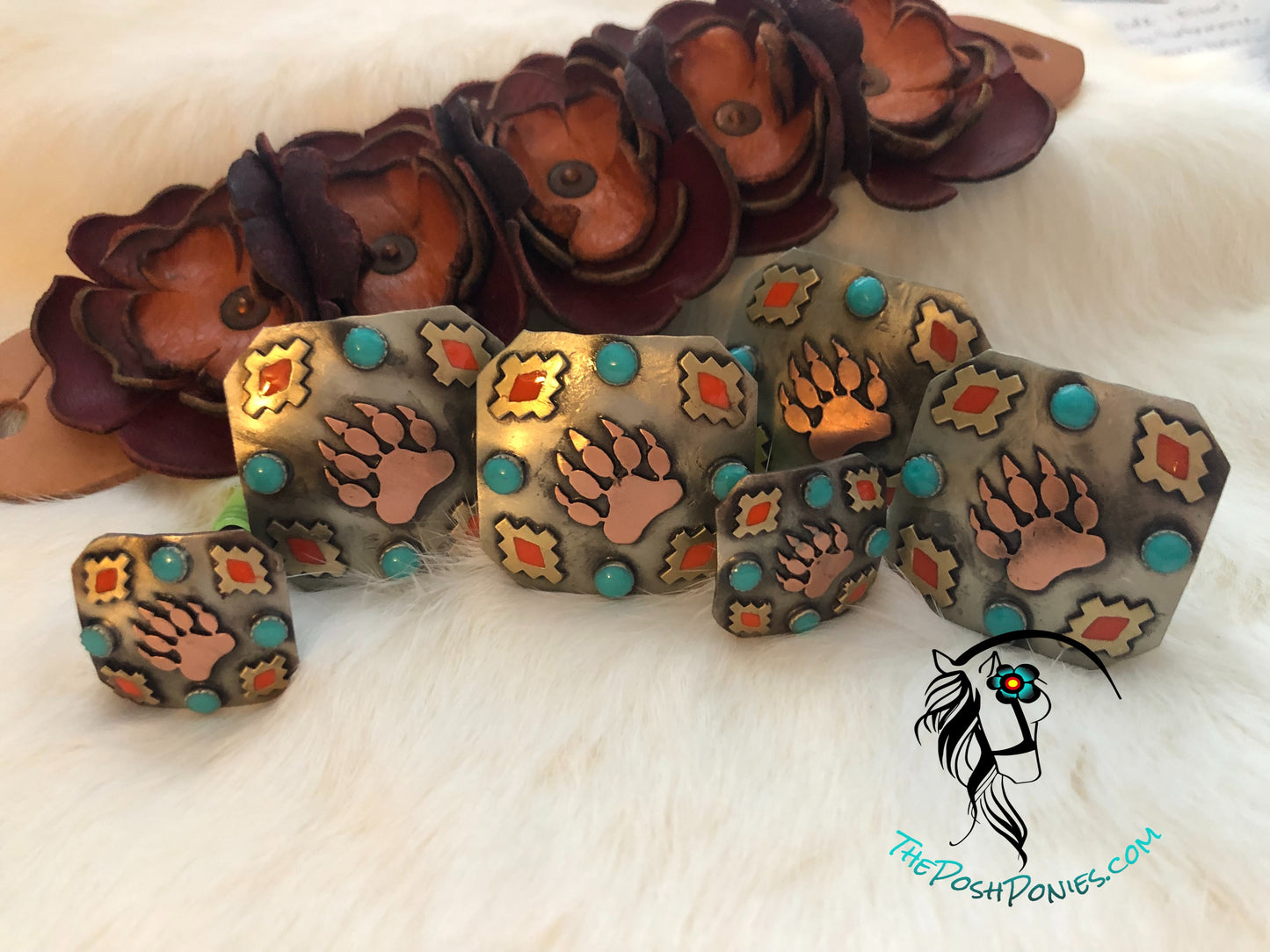 Handmade Navajo Turquoise & Red BearPaw Saddle Set