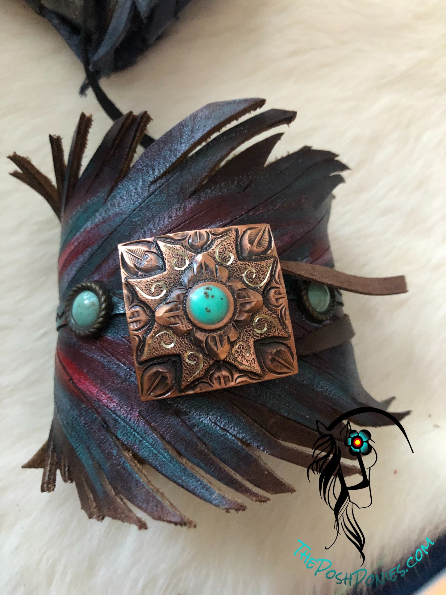 Leather Feather Wrap Cuff-Navajo Copper Square Concho