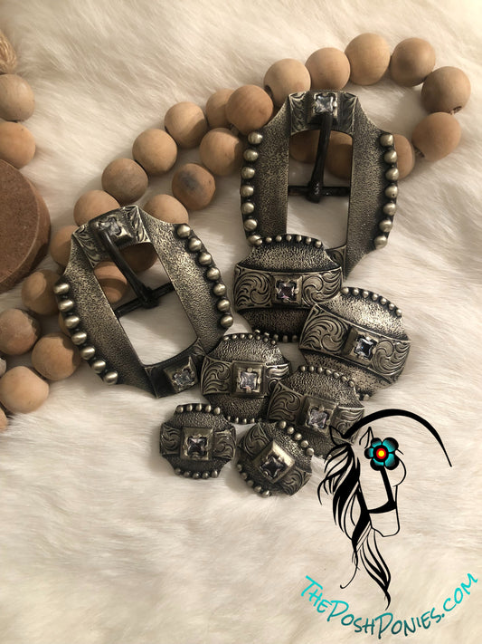 Handmade Brushed Nickel with Clear Crystal Collection-Cart Buckles, 1.5", 1.25" and 1" matching Chicago Conchos-each piece sold seperately