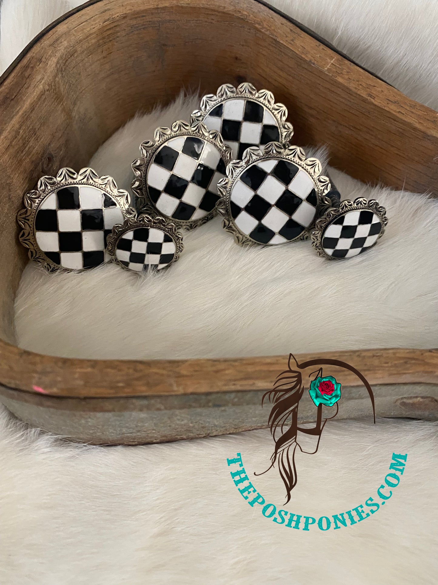 Handmade Checkerboard Saddle Set Bright Silver Edging