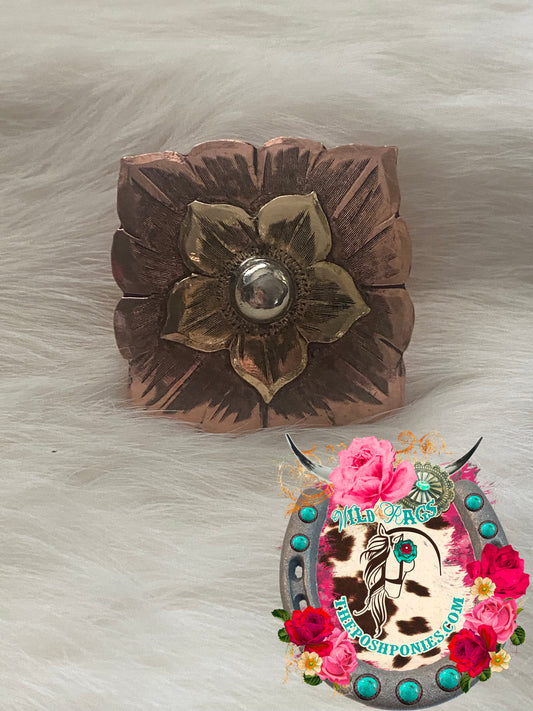 Handmade Square Copper with Brass Flower Wild Rag Slide 5/8" double rings