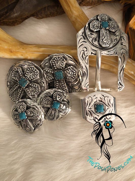 Handmade Antique Cinco Turquoise Cross Conchos-1" & 1.5" & Matching 3/4" Buckle/Keeper