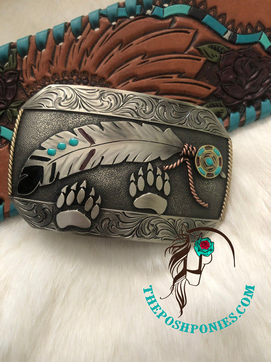 Handmade Bear Paw Feathers Belt Buckle