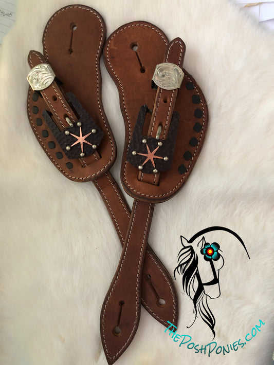 Light Oil Leather with Handmade Copper Star Buckles/Keepers-Black Buckstich Spur Straps