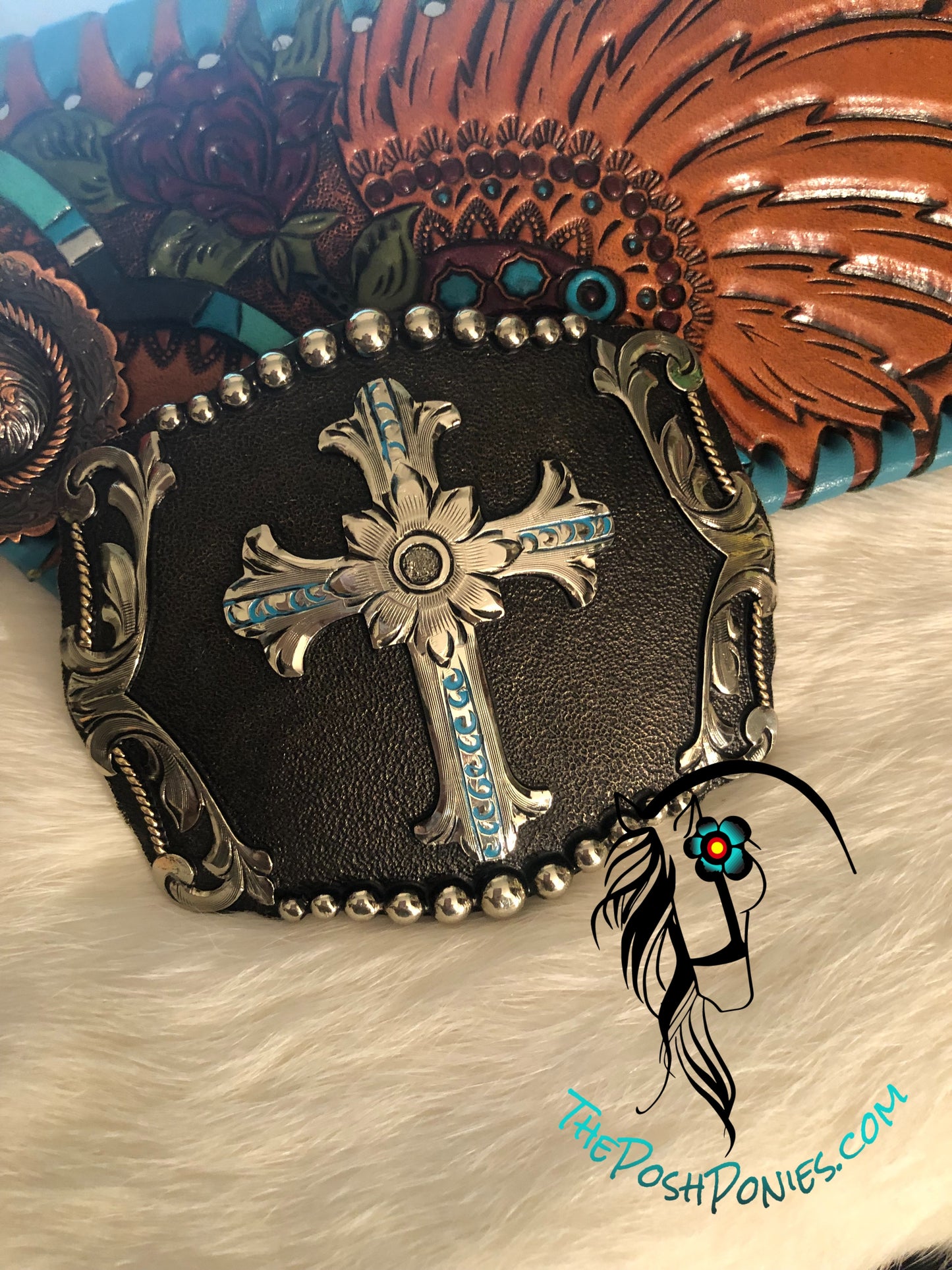 Handmade Gothic Flower Cross Belt Buckle