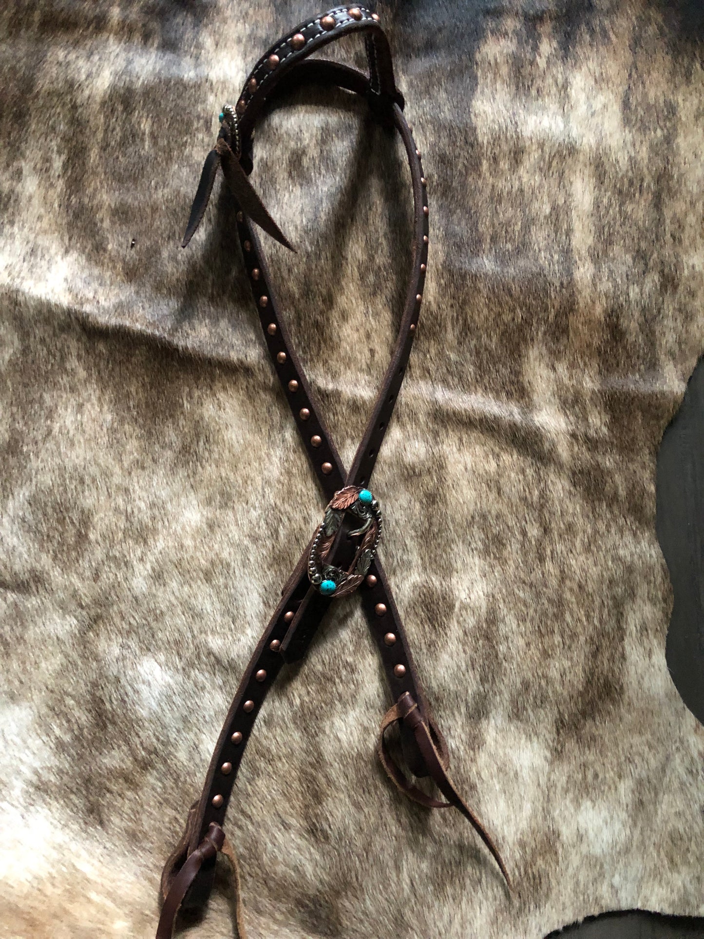 Dark Oil Fancy Copper Spots Single Ear Headstall with Turquoise Feather Swirl Hardware