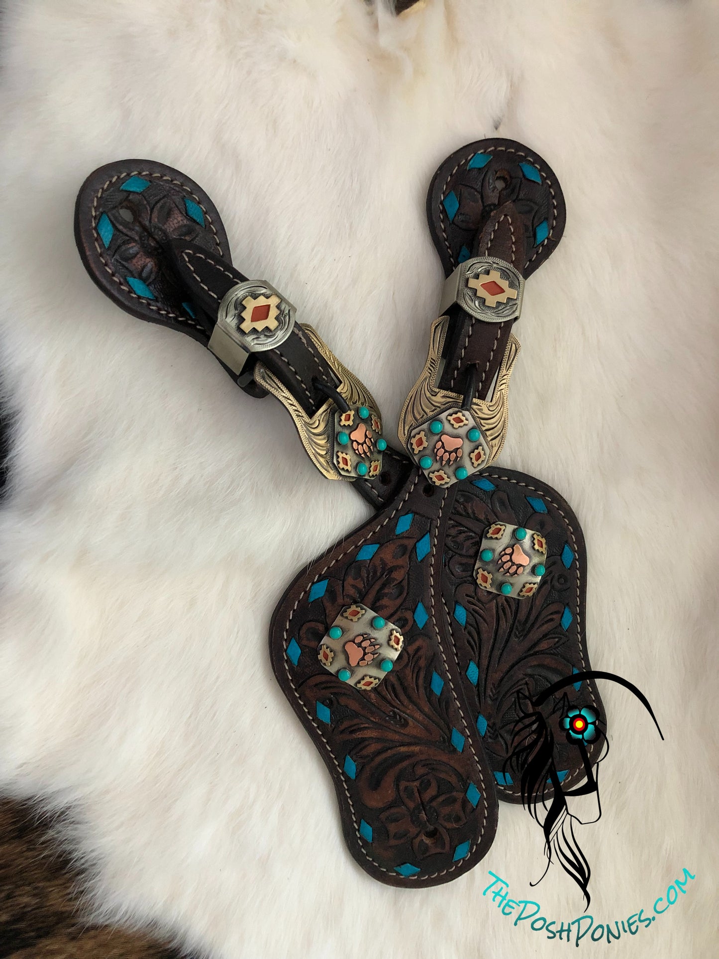 Dark Oil Fillagree Tooled With Handmade Bear Paw Hardware Turquoise Buckstich-Average Size
