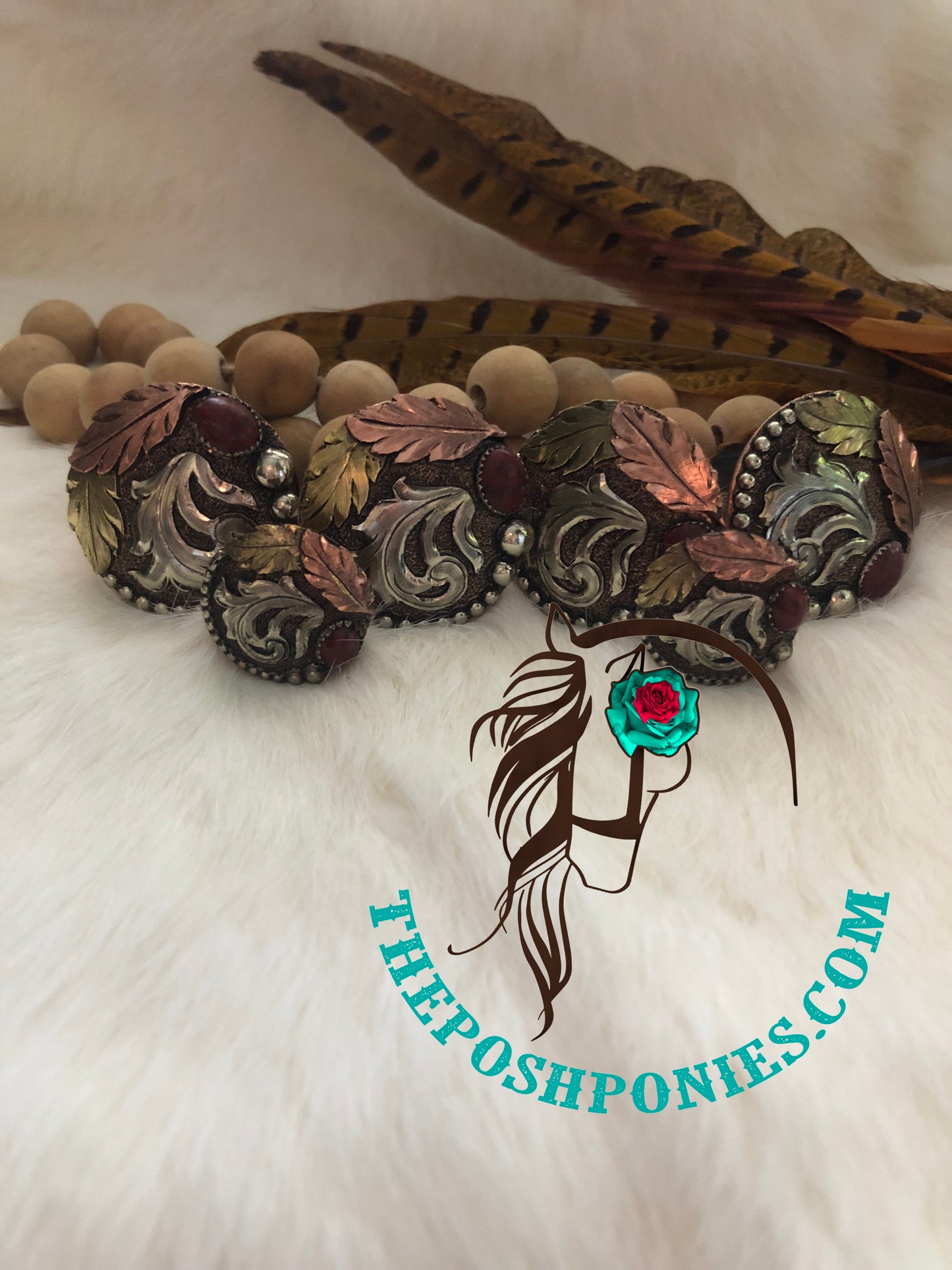 Handmade Dark Red Turquoise Feather Swirl Saddle Concho Set-4-1.5" & 2-1"