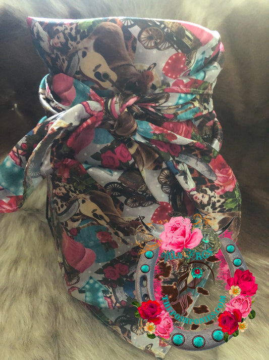 Custom Donkey Guitar, Wagons, Horseshoes and Rodeo Pinup Girl Wild Rag 27 x 27