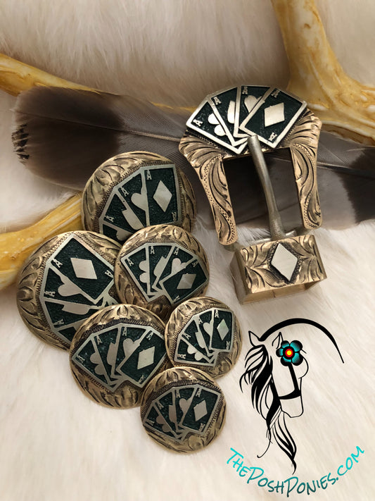 Handmade Gamblers Collection-1", 1.25" & 1.5" chicago back conchos, 3/4" Buckle/Keeper-each piece sold individually (buckle/keeper set)