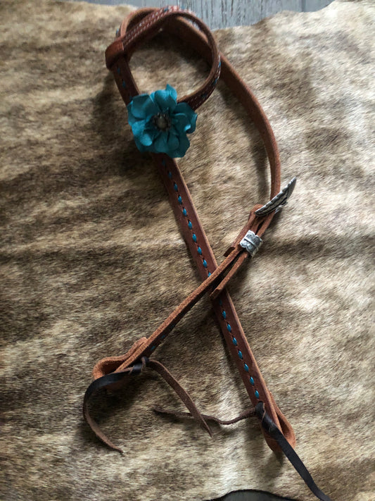 Medium Oil Turquoise Buck Stitch Single Ear Headstall with Custom Leather Flower