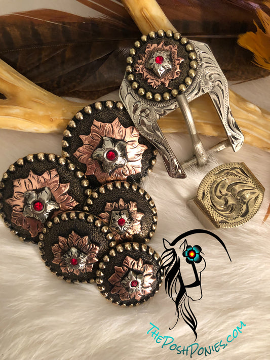 Handmade Ranch Red Stone Collection- Chicago Back Conchos-1", 1.25",1.5" & 3/4" Tack Buckle/Keeper-sold separately