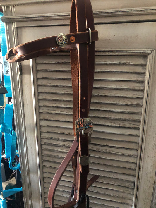 Hot Oil Medium Oil Twist Browband with Handmade Roadrunner Hardware