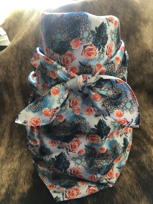 Custom Vintage Peach Rose and Longhorns Wild Rag 35 x 35