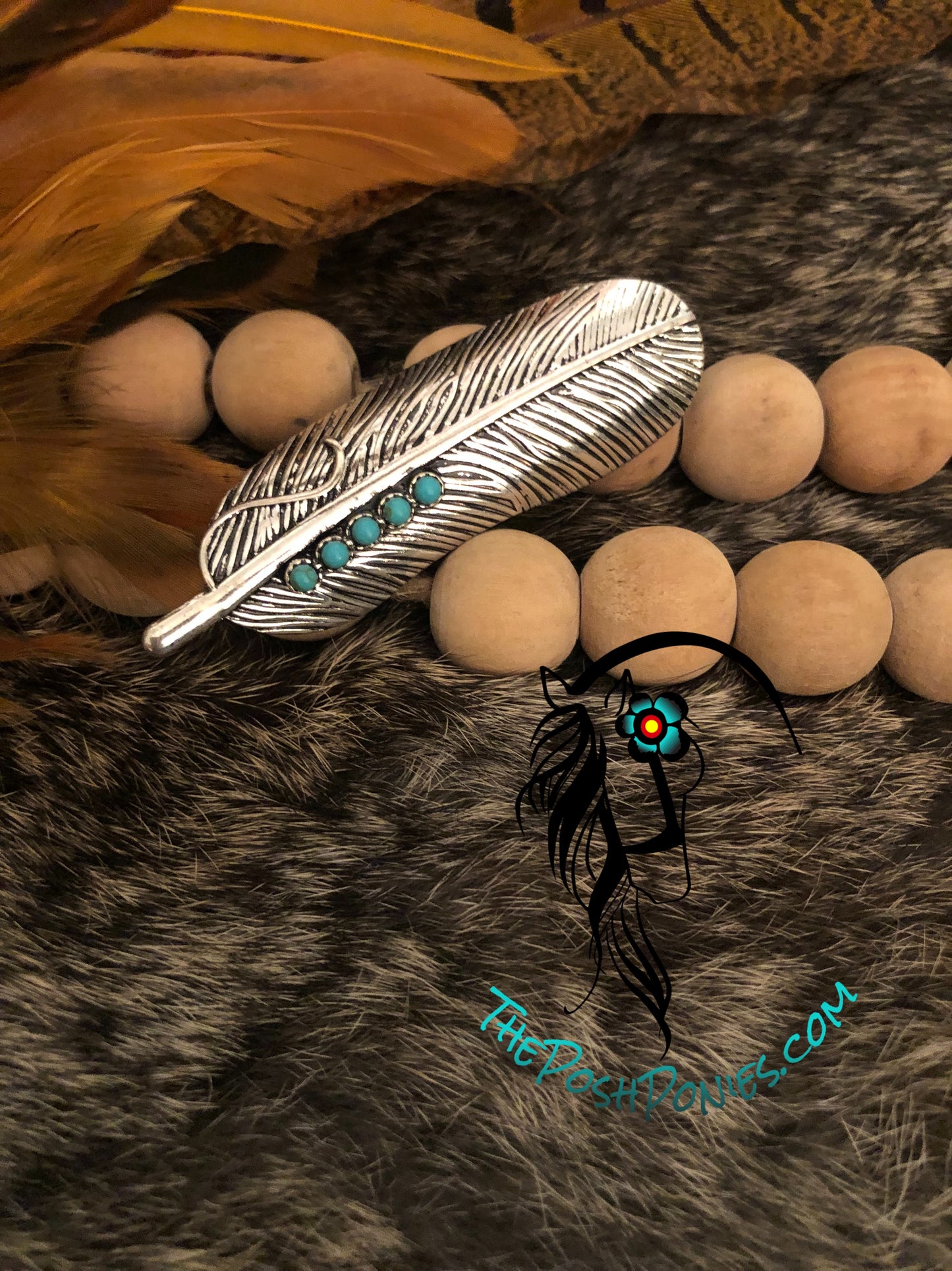 Nickel Finish Feather with Turquoise Spots Wild Rag Slide or Ring