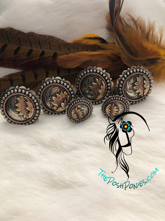 Handmade Sunflower Power Saddle Concho Set-4-1.5" & 2-1"