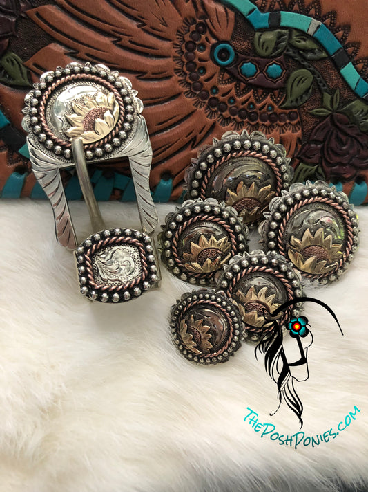 Handmade Sunflower Power Collection-Chicago Back Conchos 1", 1.25", 1.5" 3/4 Buckle/keeper