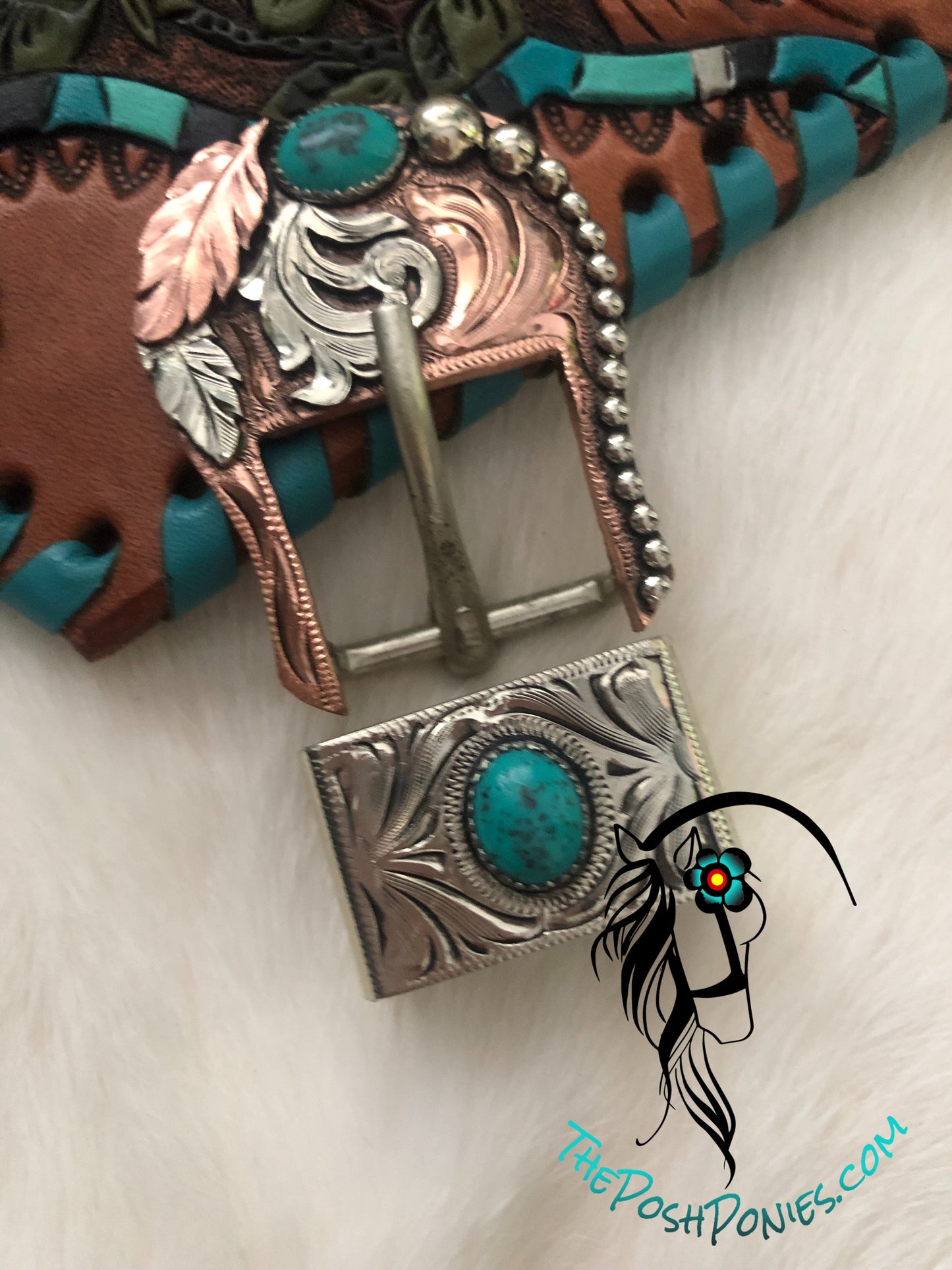 Handmade 1" Turquoise Feather Swirl Buckle & Keeper-sold as a set