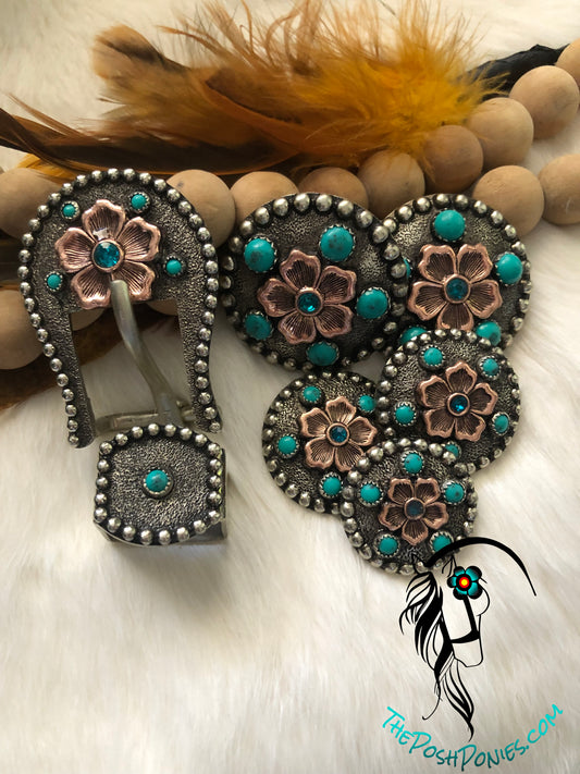 Handmade Turquoise Florette Collection-1", 1.25", 1.5", 3/4" Buckle/Keeper, each sold separately
