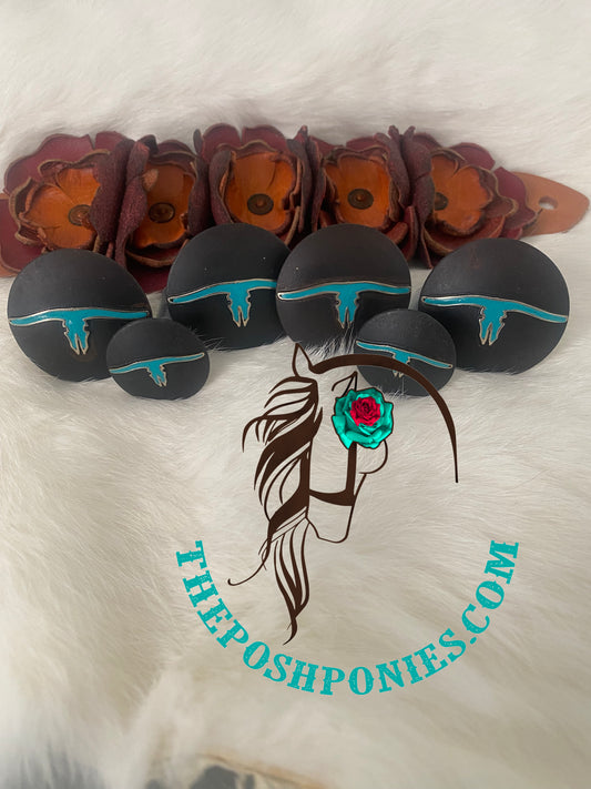 Handmade Dark Iron Turquoise Longhorn Saddle Set 2-1" & 4-1.5"