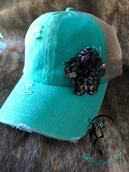 Turquoise Distressed Pony Tail BaseBall Cap with Handmade Black Mermaid Leather Flower