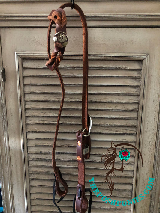 Medium Oil Single Ear Headstall with Handmade White Turquoise Feather Hardware