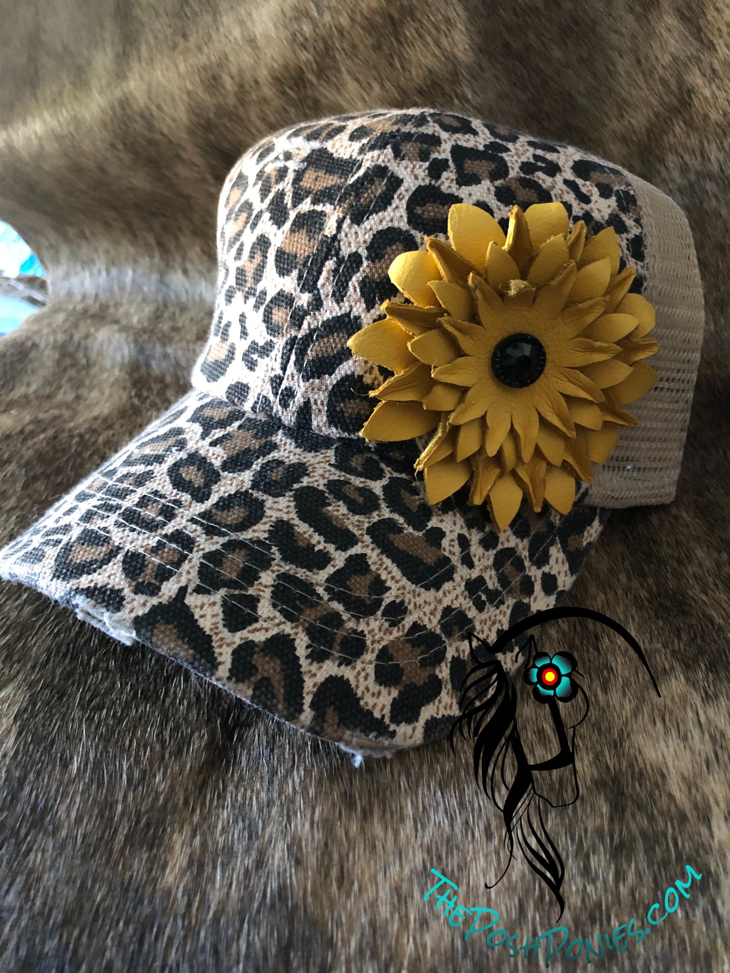 Cheetah Print Pony Tail Baseball Cap with Handmade Leather Sunflower Flower