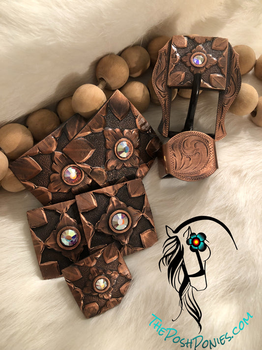 Handmade Square Copper Aztec with AB Crystal Collection-each piece sold individually, buckle comes with keeper