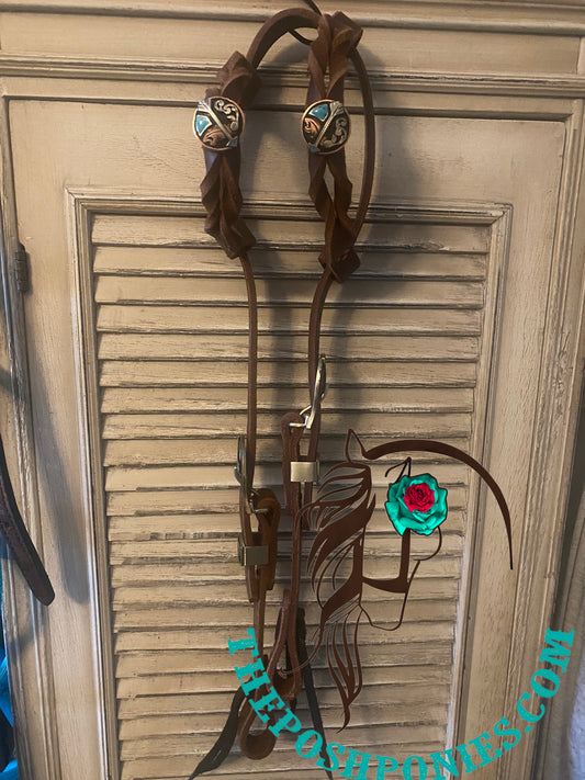 Hot Oiled Medium Double Twisted Ear Headstall with Handmade Round Arrow Hardware