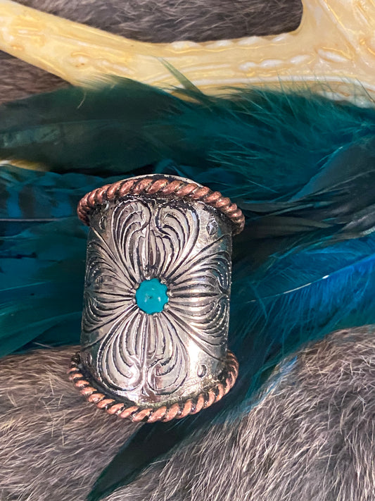 Handmade Floral Engraved Wild Rag Cylinder Slide with Turquoise and Copper Rope Edge