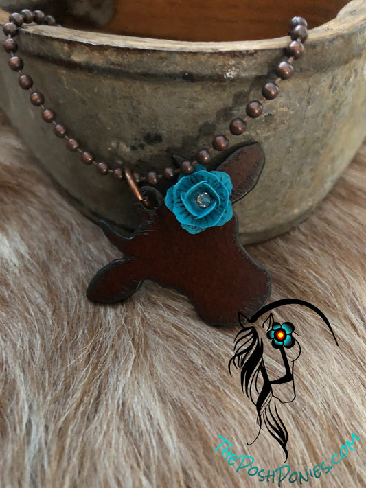 Handcrafted Rustic Flower Cow Cutout Necklace 30" chain