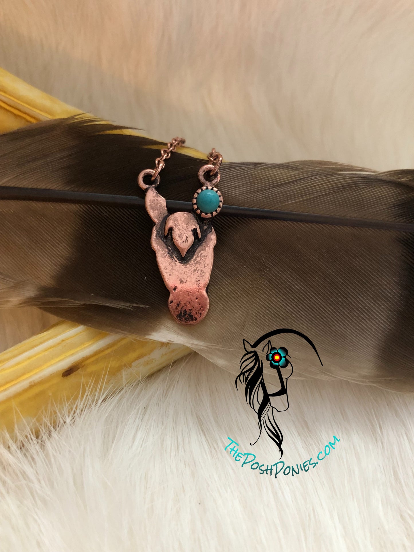 Super Cute copper horse head necklace with turquoise spot