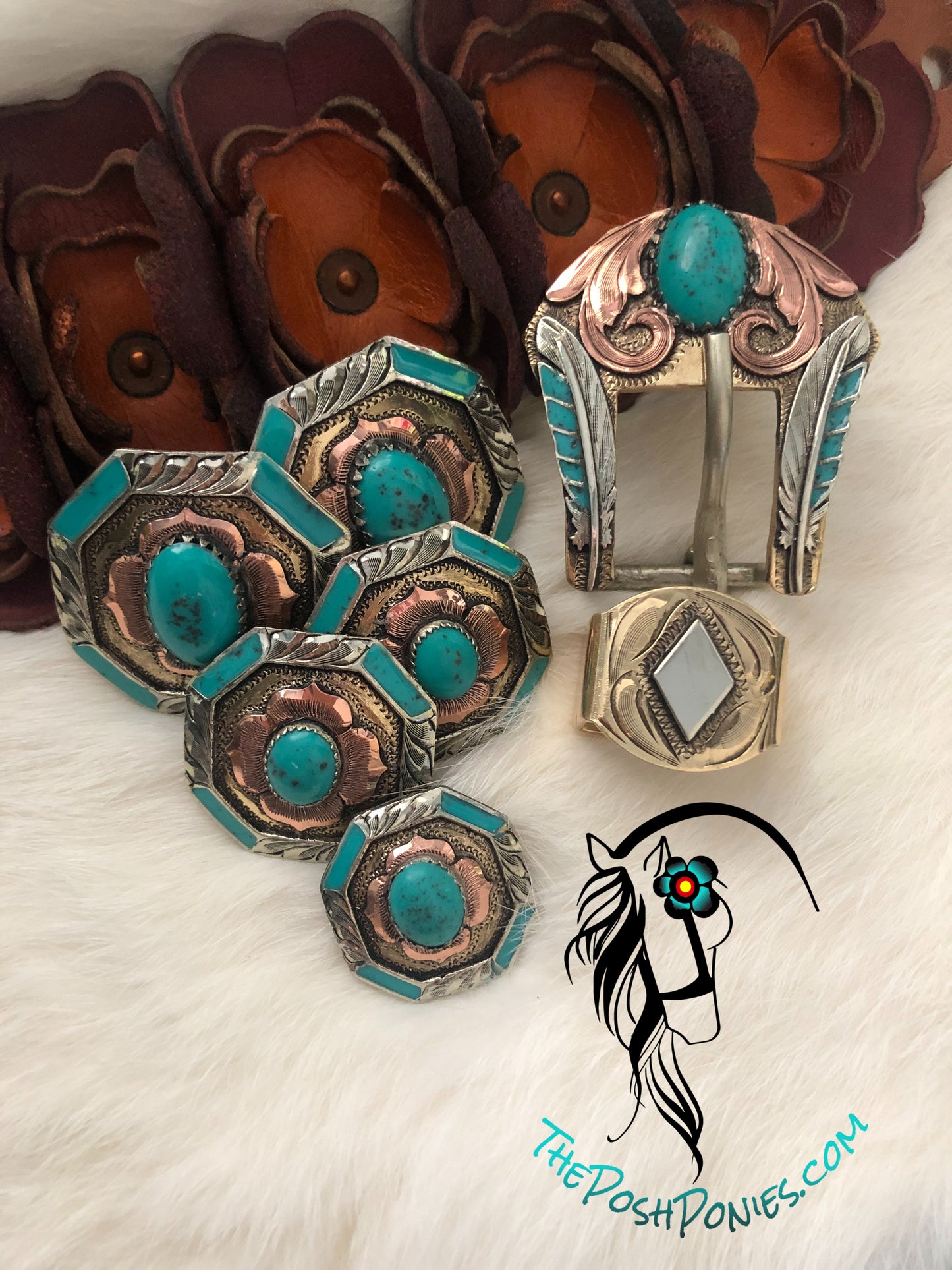 Handmade Floral Turquoise Lustre Collection-1", 1.25", 1.5" and 3/4" Buckle w/keeper-each piece sold separately