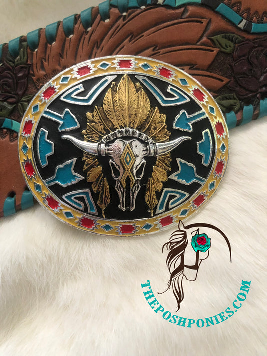 Cast Belt Buckle Longhorn Head Dress Colorful